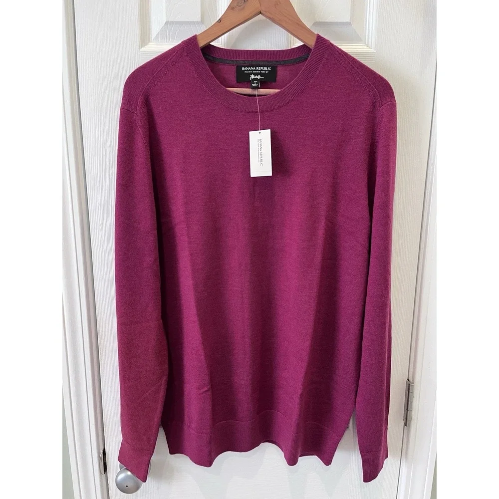 Banana Republic Italian Merino Wool Sweater Purple Mens LG Tall Crew Baruffa New